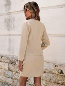 SHEIN Cottnline Solid Wrap Front Cami Dress & Blazer - Khaki - View 4