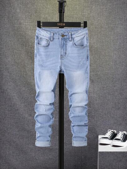 SHEIN Tween Boy 漂白水洗牛仔裤，时尚百搭，适合日常穿着，适合春秋季节