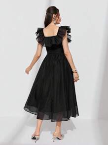 Modelyn Kleid mit eckigem Ausschnitt, Rüschenbesatz, - Schwarz - Übersicht 2