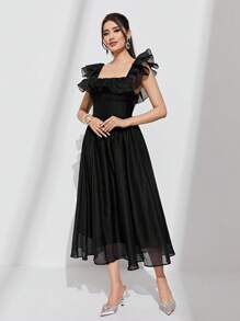 Modelyn Kleid mit eckigem Ausschnitt, Rüschenbesatz, - Schwarz - Übersicht 5