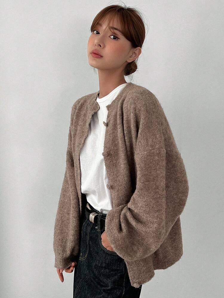 Drop Shoulder Button Front Cardigan,Long Sleeve Tops
