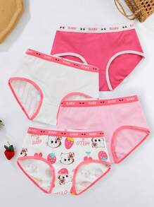 Young Girl 4pcs Cartoon Graphic Contrast Binding Brief