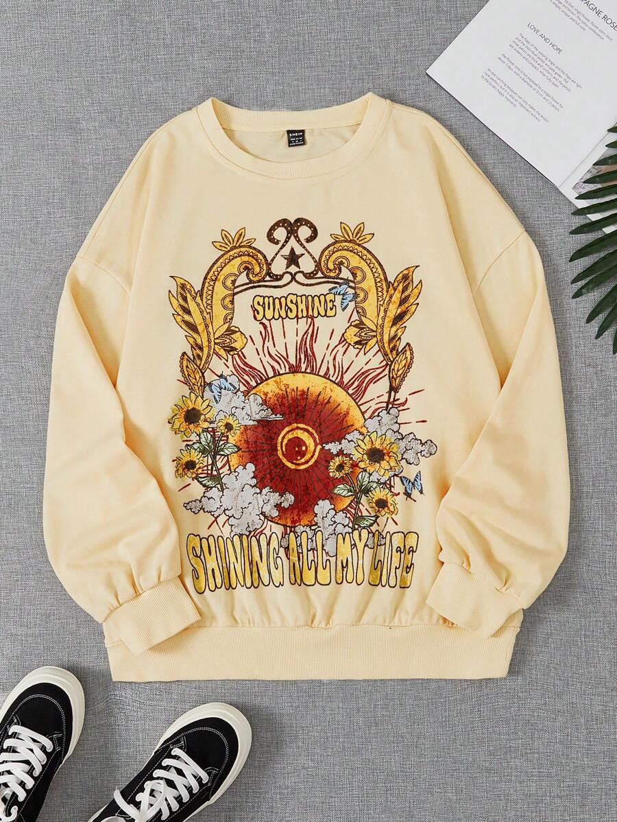 SHEIN EZwear Floral & Slogan Graphic Drop Shoulder Sweatshirt - Apricot - View 1