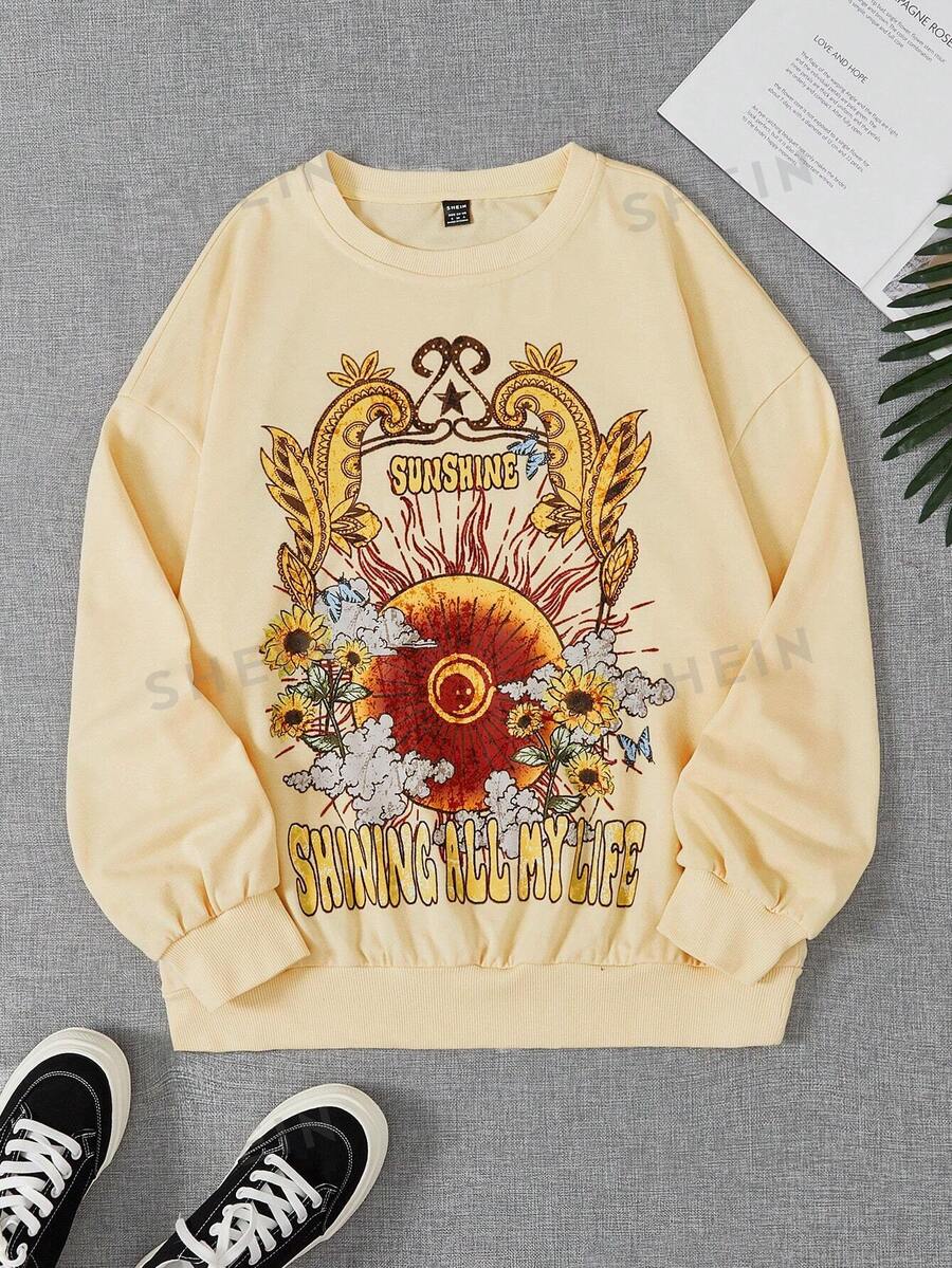 SHEIN EZwear Sudadera con estampado floral con slogan de hombros caídos