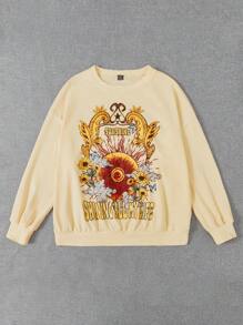 SHEIN EZwear Sudadera con estampado floral con slogan de hombros caídos