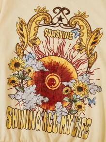 SHEIN EZwear Sudadera con estampado floral con slogan de hombros caídos