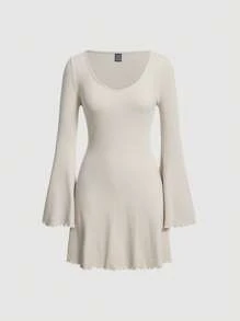 SHEIN MOD 素色木耳邊喇叭袖洋裝 - 杏色 - 查看 1