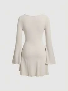 SHEIN MOD 素色木耳邊喇叭袖洋裝 - 杏色 - 查看 2