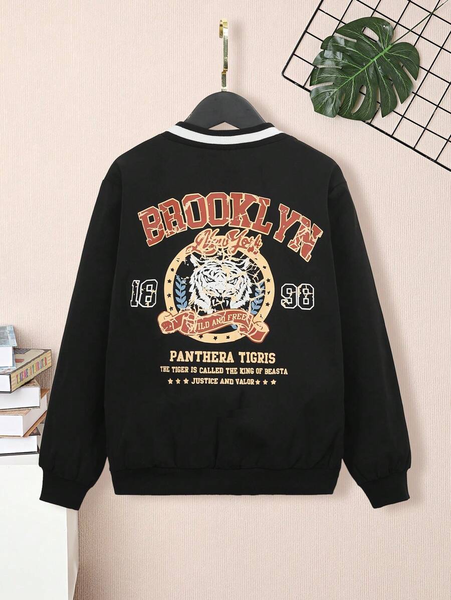 SHEIN Tween Boy Casual Printed Baseball Collar Loose Fit Jacket - Black - View 1