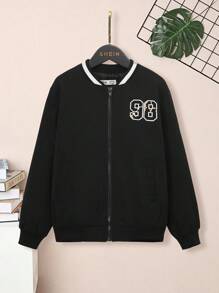 SHEIN Tween Boy Casual Printed Baseball Collar Loose Fit Jacket - Black - View 3
