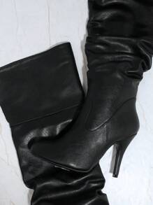 SHUZIA 女士休闲过膝尖头细高跟夜场 PU 黑色靴子 - 大胆、性感的必备夏季鞋款春季鞋款春假复活节母亲节礼物