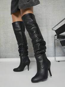 SHUZIA 女士休闲过膝尖头细高跟夜场 PU 黑色靴子 - 大胆、性感的必备夏季鞋款春季鞋款春假复活节母亲节礼物