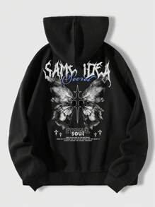 ROMWE MEN Street Life Guys Butterfly & Slogan Graphic Drawstring Thermal Lined Hoodie - Black - View 1