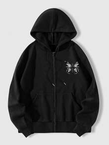 ROMWE MEN Street Life Guys Butterfly & Slogan Graphic Drawstring Thermal Lined Hoodie - Black - View 2