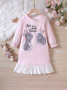 女小童卡通兔子和標語圖案喇叭袖荷葉邊睡裙 - 淺粉色 - 查看 1