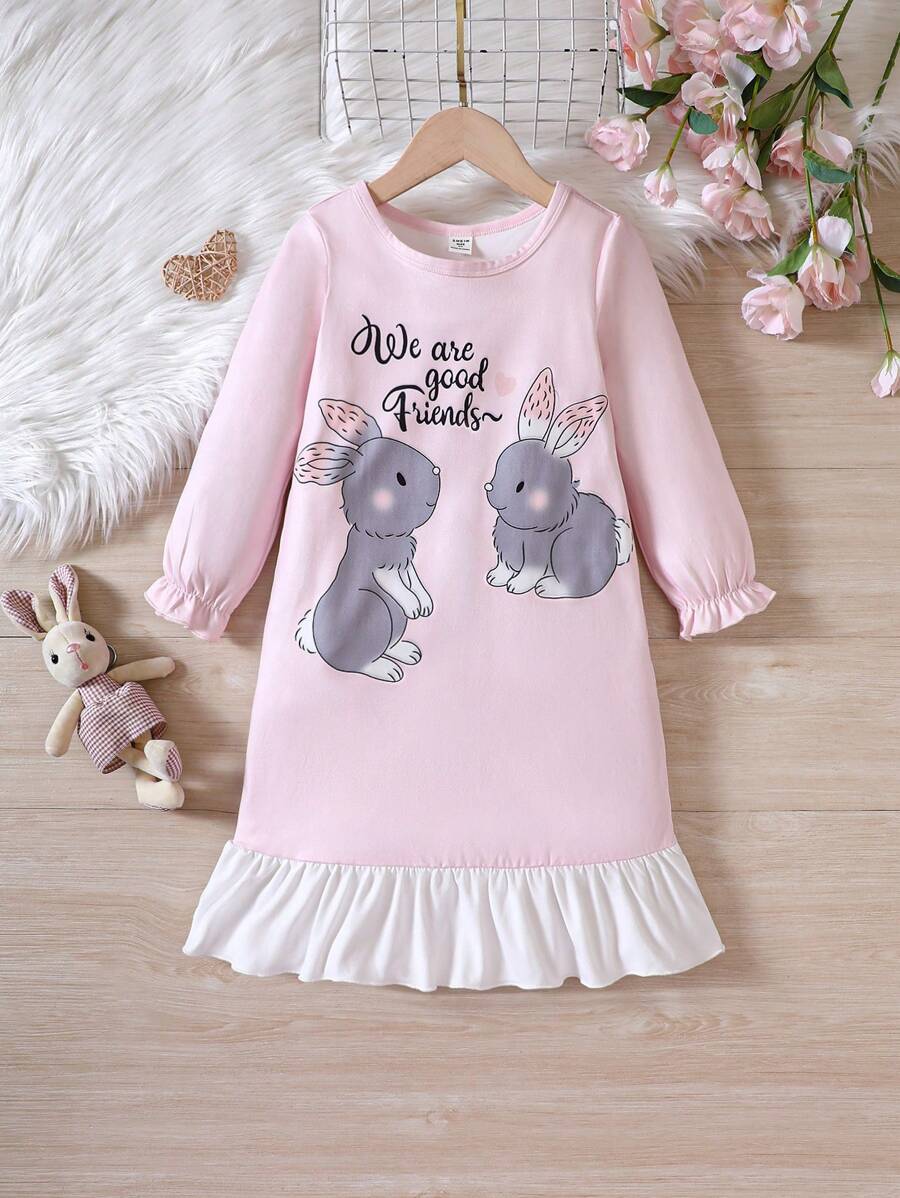 女小童卡通兔子和標語圖案喇叭袖荷葉邊睡裙 - 淺粉色 - 查看 1