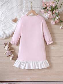 女小童卡通兔子和標語圖案喇叭袖荷葉邊睡裙 - 淺粉色 - 查看 2