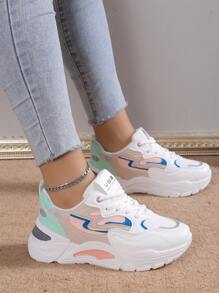 閒暇和時尚女性運動鞋撞色厚鞋底繫帶跑步鞋 - 彩色 - 查看 2