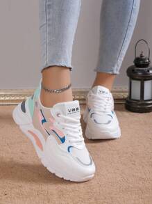 閒暇和時尚女性運動鞋撞色厚鞋底繫帶跑步鞋 - 彩色 - 查看 3