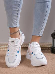 閒暇和時尚女性運動鞋撞色厚鞋底繫帶跑步鞋 - 彩色 - 查看 4