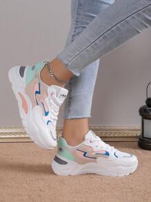 閒暇和時尚女性運動鞋撞色厚鞋底繫帶跑步鞋 - 彩色 - 查看 5