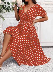 Celure 大碼波點圖案泡泡袖荷葉邊洋裝 - 亮橙色 - 查看 1