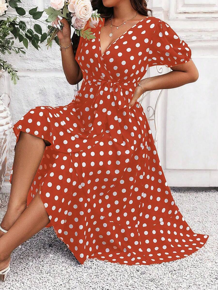 Celure 大碼波點圖案泡泡袖荷葉邊洋裝 - 亮橙色 - 查看 1