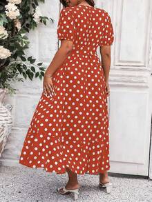 Celure 大碼波點圖案泡泡袖荷葉邊洋裝 - 亮橙色 - 查看 2