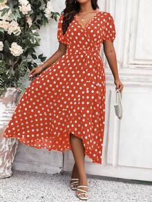 Celure 大碼波點圖案泡泡袖荷葉邊洋裝 - 亮橙色 - 查看 3