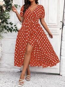 Celure 大碼波點圖案泡泡袖荷葉邊洋裝 - 亮橙色 - 查看 4