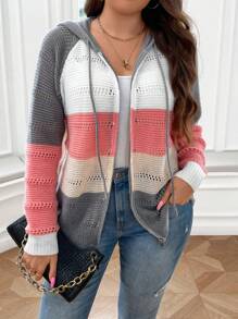 SHEIN LUNE Plus 拼色插肩袖抽绳连帽开衫，适合冬季