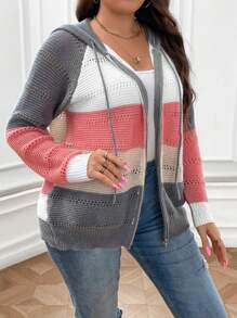 SHEIN LUNE Plus 拼色插肩袖抽绳连帽开衫，适合冬季