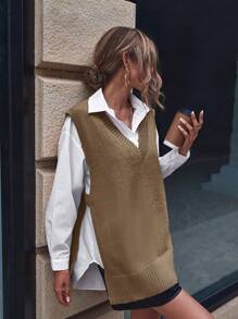 SHEIN Essnce Split Hem Sweater Vest Without Blouse - Mocha Brown - View 4