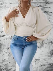 EMERY ROSE Blusa con mangas farol y fruncidos, blusas de manga larga - Albaricoque - Ver 3