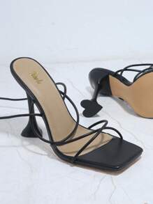 Hauture 女士交叉踝带露趾细高跟鞋性感时尚派对 PU 黑色凉鞋高跟鞋圣诞节秋冬