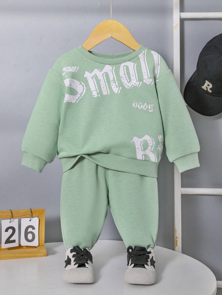 SHEIN 男嬰字母圖案衛衣和衛褲 - 薄荷綠 - 查看 1