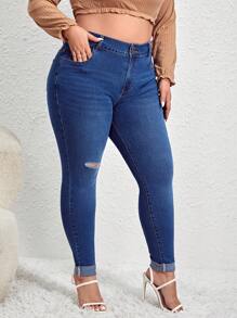 SHEIN Essnce Plus High Waist Ripped Skinny Jeans - Dark Wash - View 1