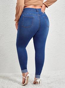 SHEIN Essnce Plus High Waist Ripped Skinny Jeans - Dark Wash - View 2