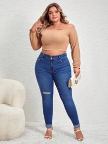 SHEIN Essnce Plus High Waist Ripped Skinny Jeans - Dark Wash - View 3