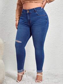 SHEIN Essnce Plus High Waist Ripped Skinny Jeans - Dark Wash - View 4