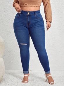 SHEIN Essnce Plus High Waist Ripped Skinny Jeans - Dark Wash - View 5