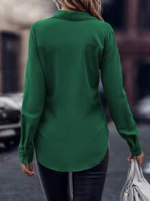 EMERY ROSE Solid Curved Hem Shirt Fall Cloth For Women - Green - View 2