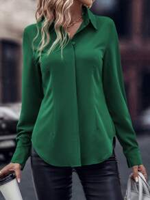 EMERY ROSE Solid Curved Hem Shirt Fall Cloth For Women - Green - View 4