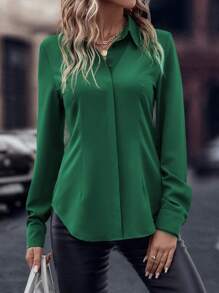 EMERY ROSE Solid Curved Hem Shirt Fall Cloth For Women - Green - View 6