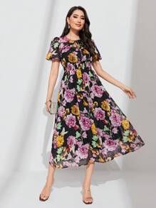 Mulvari 波西米亞打褶 前綁帶蝴蝶結花卉印花 全身印花女士連衣裙 - 彩色 - 查看 1