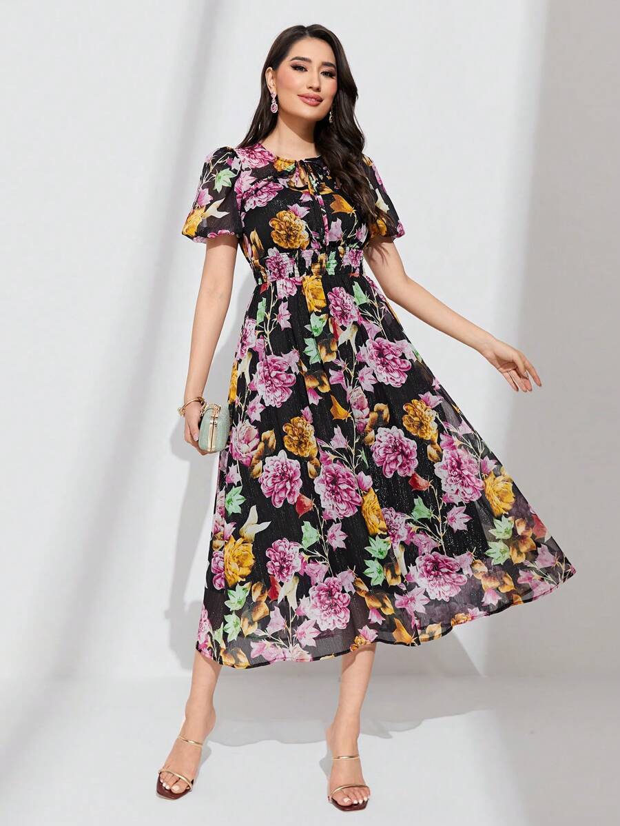 Mulvari 波西米亞打褶 前綁帶蝴蝶結花卉印花 全身印花女士連衣裙 - 彩色 - 查看 1