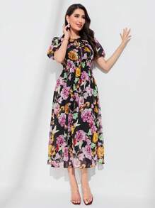 Mulvari 波西米亞打褶 前綁帶蝴蝶結花卉印花 全身印花女士連衣裙 - 彩色 - 查看 3