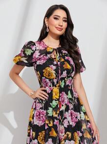 Mulvari 波西米亞打褶 前綁帶蝴蝶結花卉印花 全身印花女士連衣裙 - 彩色 - 查看 6