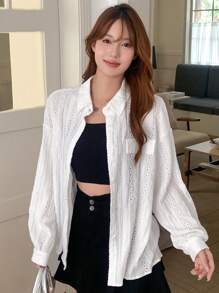 DAZY Solid Flap Detail Drop Shoulder Shirt Long Sleeve - White - View 3