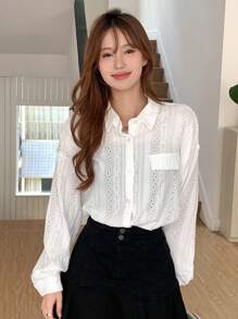 DAZY Solid Flap Detail Drop Shoulder Shirt Long Sleeve - White - View 5